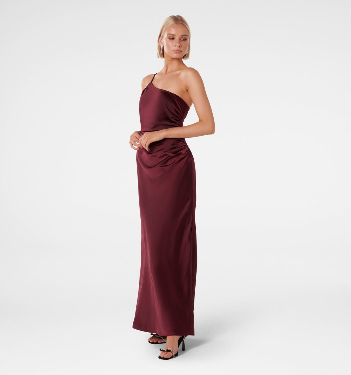 Bordeaux One Shoulder Satin Maxi Dress Flowering Girl