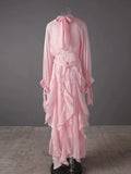 Champagne Shimmer Chiffon High Neck Tie Cuff Ruffled Maxi Gown Flowering Girl