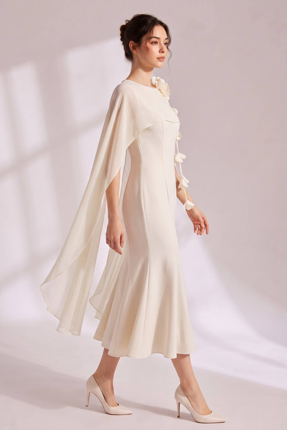 Cape Sleeve 3D Floral Chiffon Midi Mermaid Dress Flowering Girl
