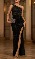 Haleigh Black One-Shoulder Sequin Maxi Dress Flowering Girl