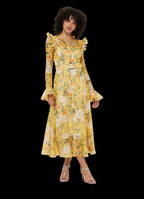 Daisy Print Butterfly Sleeve Midi Dress In Yellow Flowering Girl