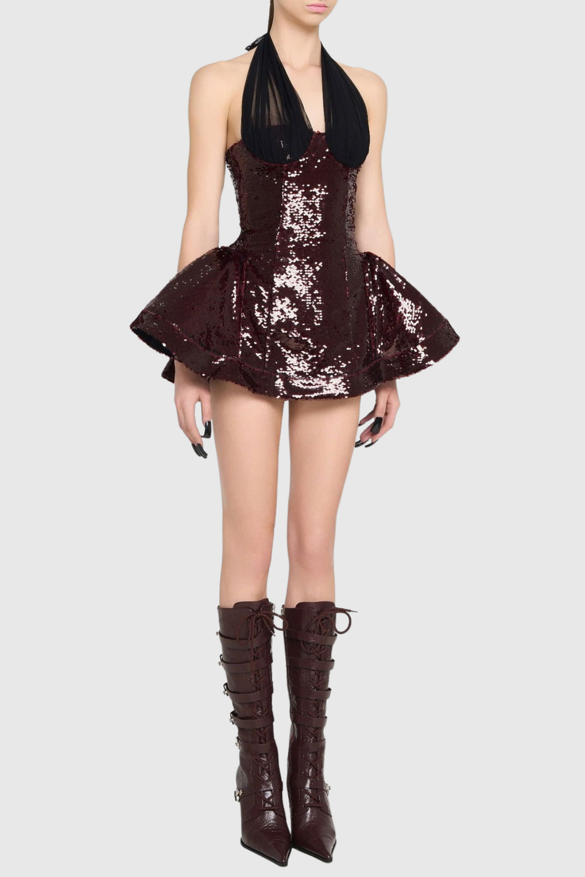Giselle Sequin Halter Mini Dress In Merlot Flowering Girl