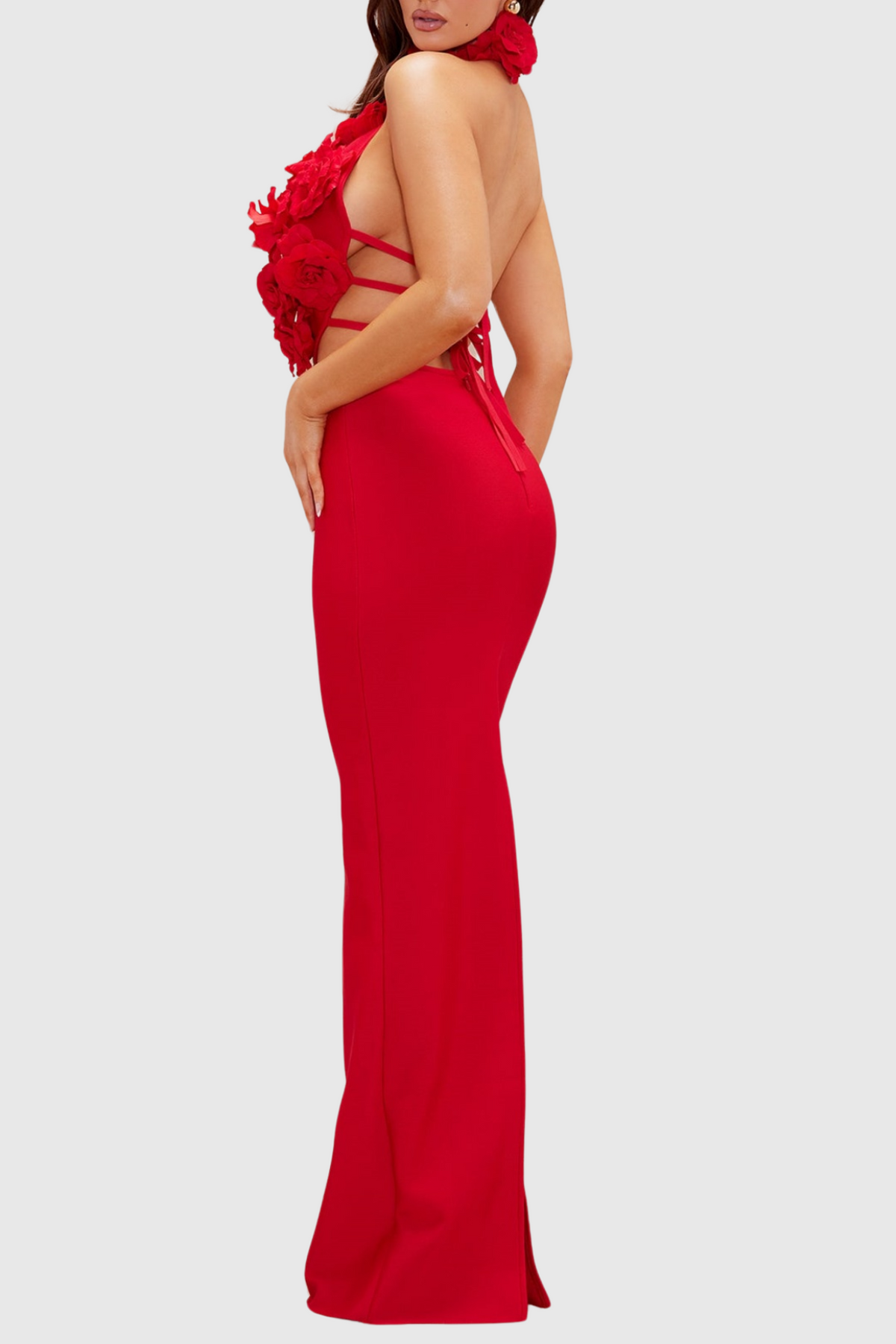 Datherine Floral Appliqué Halter Maxi Bandage Dress - Red Flowering Girl