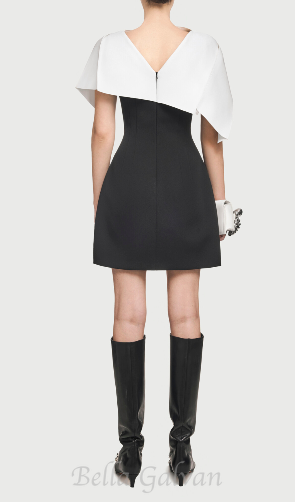 A-line black mini dress with asymmetrical shoulder pleat Flowering Girl