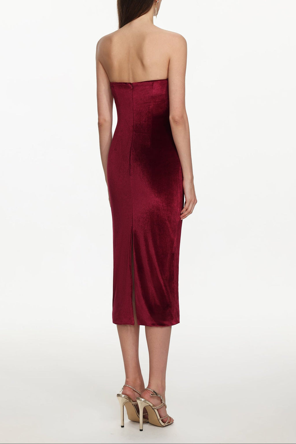 Yamia Romantic Contour Strapless Ruched Velvet Midi Dress Flowering Girl