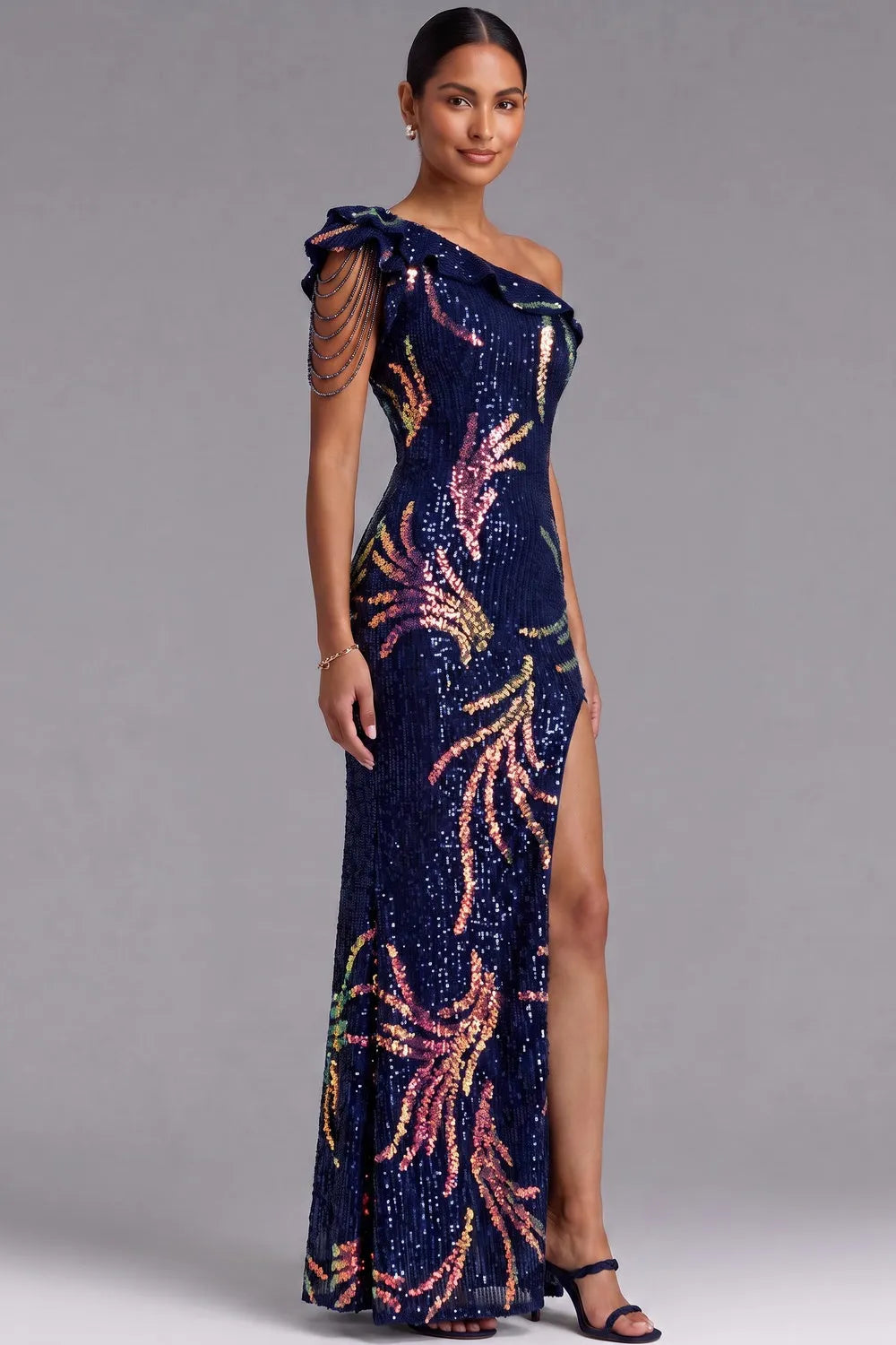 Navy Blue One-Shoulder Sequin Maxi Gown Flowering Girl