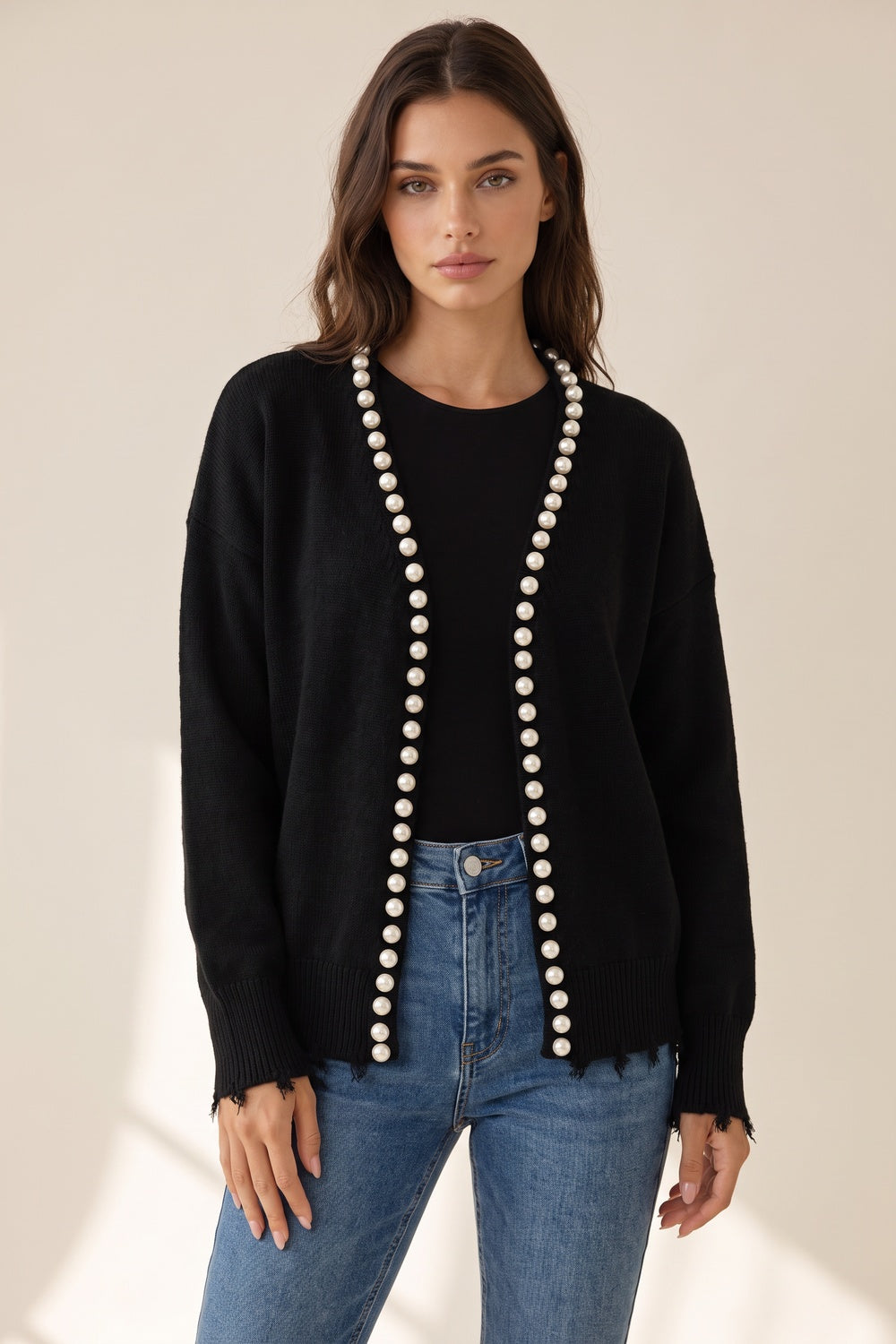 Black Knit Cardigan with Pearl Trim and Frayed Details Flowering Girl