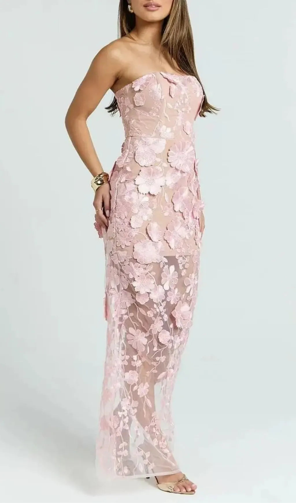 Strapless 3D Floral Mesh Maxi Dress Flowering Girl