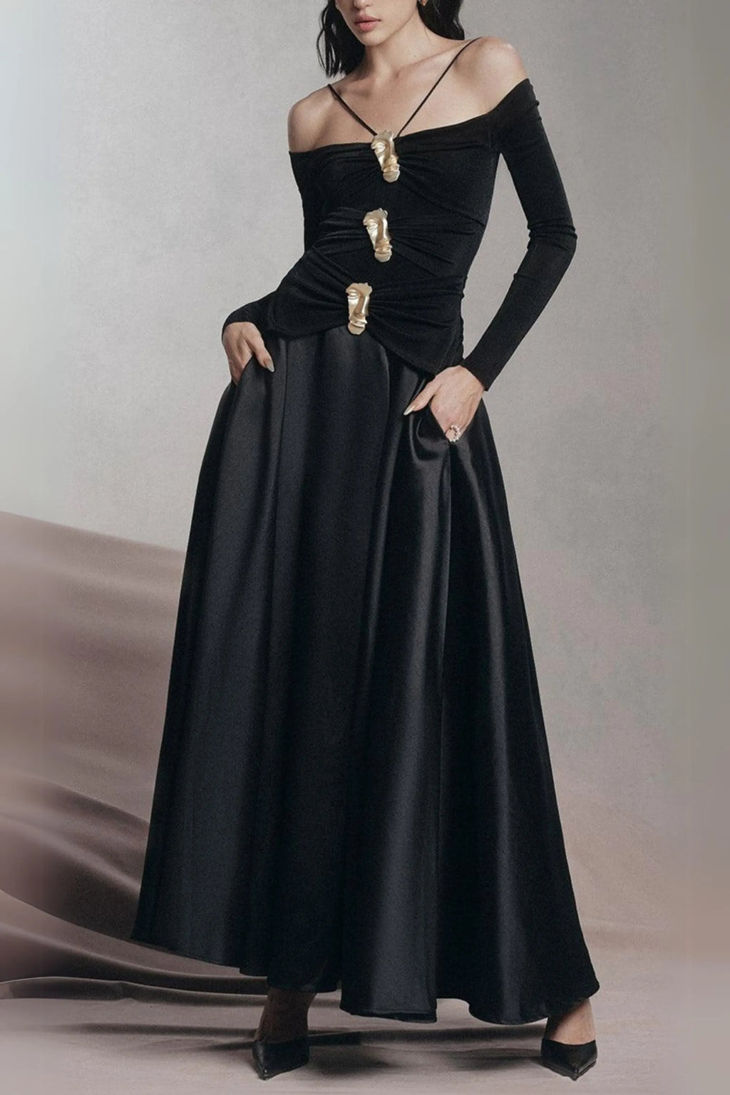 Black A-Line Cold Shoulder Sleeved Spandex Taffeta Maxi Dress Flowering Girl