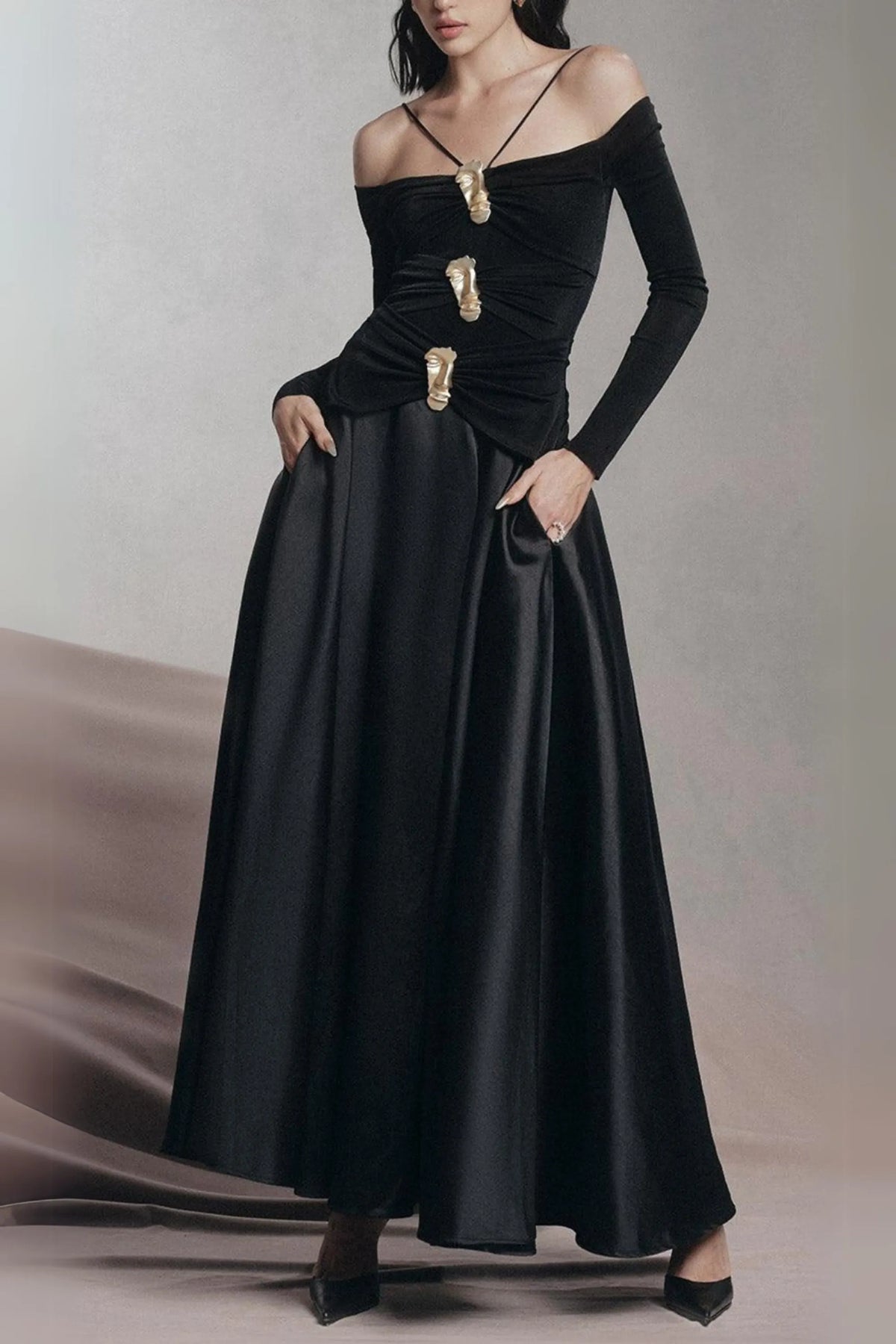 Black A-Line Cold Shoulder Sleeved Spandex Taffeta Maxi Dress Flowering Girl