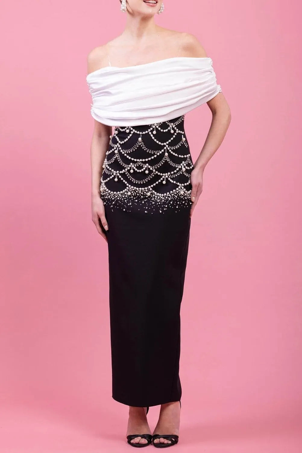 Teresa Beading Rhinestone Strapless Midi Dress In Black Flowering Girl