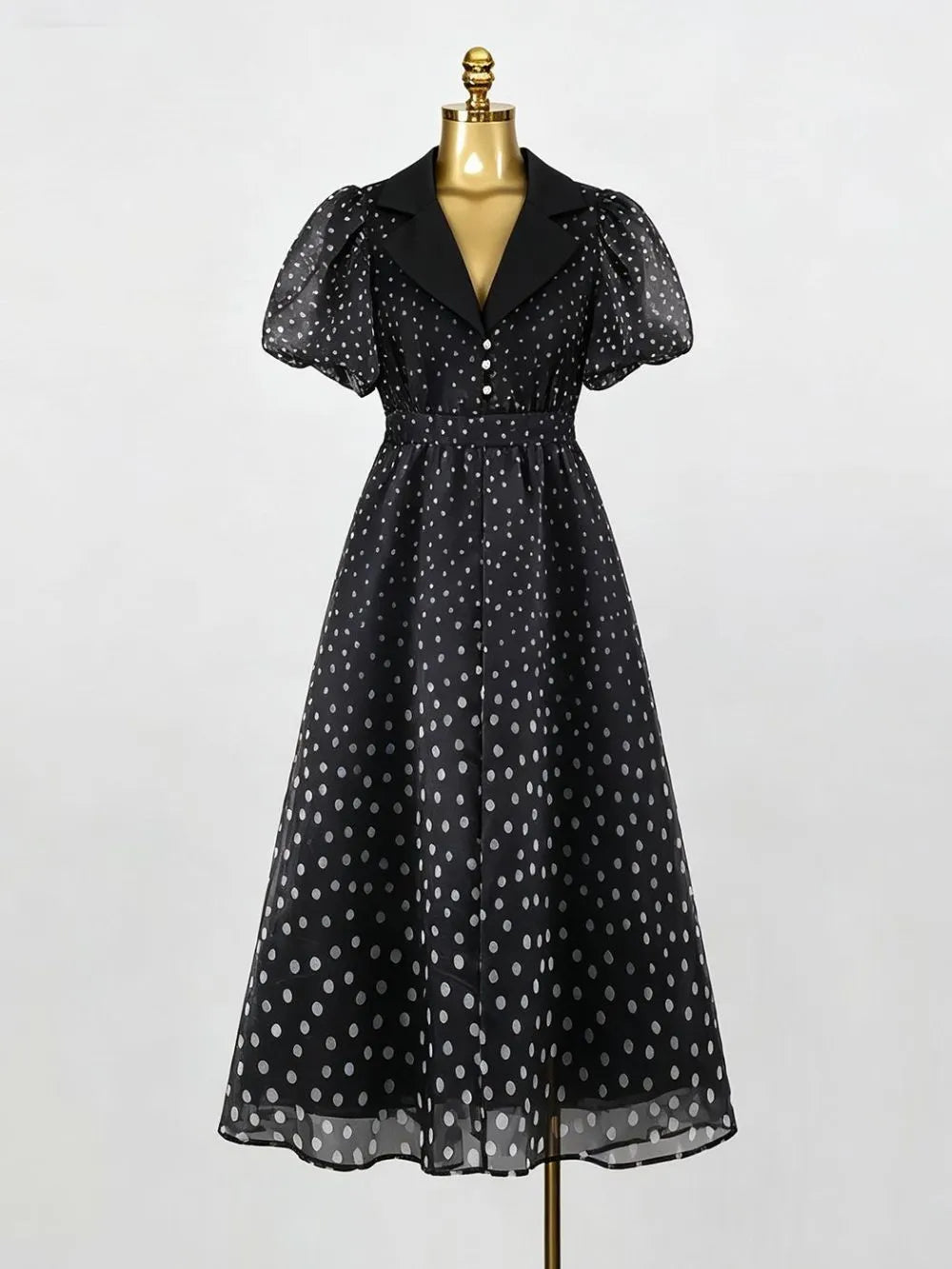 Maxence Black Polka Dot Puff-Sleeve Midi Dress Flowering Girl