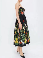 Meaza Black Spaghetti Printed Midi Dress Flowering Girl