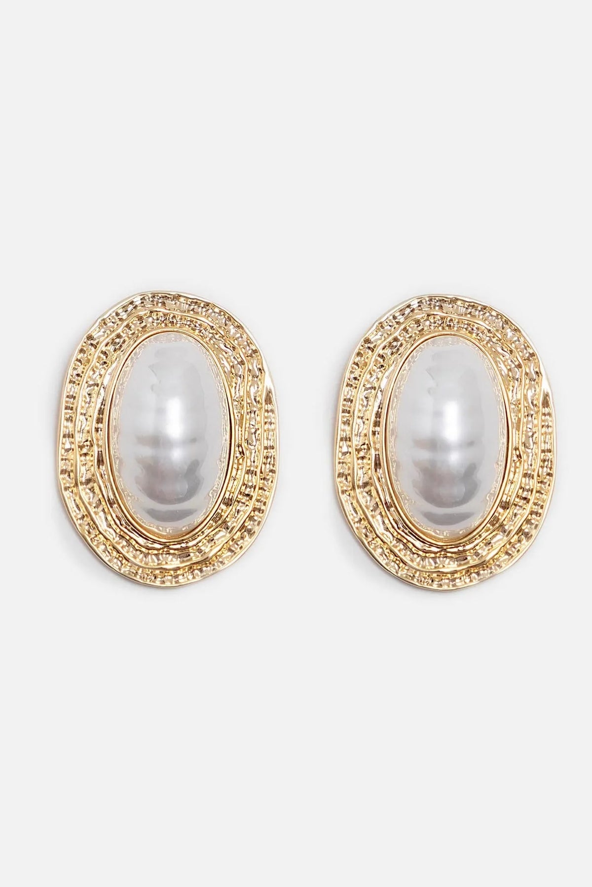 Vintage Textured Gold Oval Baroque Pearl Stud Earrings Flowering Girl