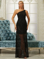 One Shoulder Sequins Maxi Prom Dress Flowering Girl