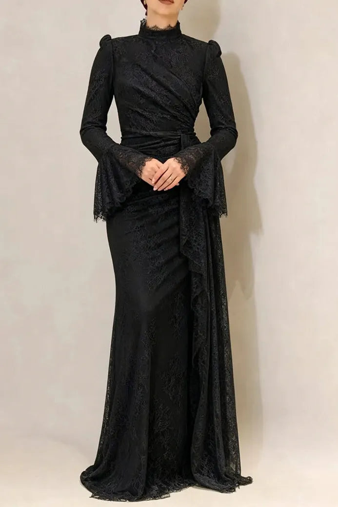 Victoria Long Lantern Sleevelace-Trim Maxi Dress - Black Flowering Girl