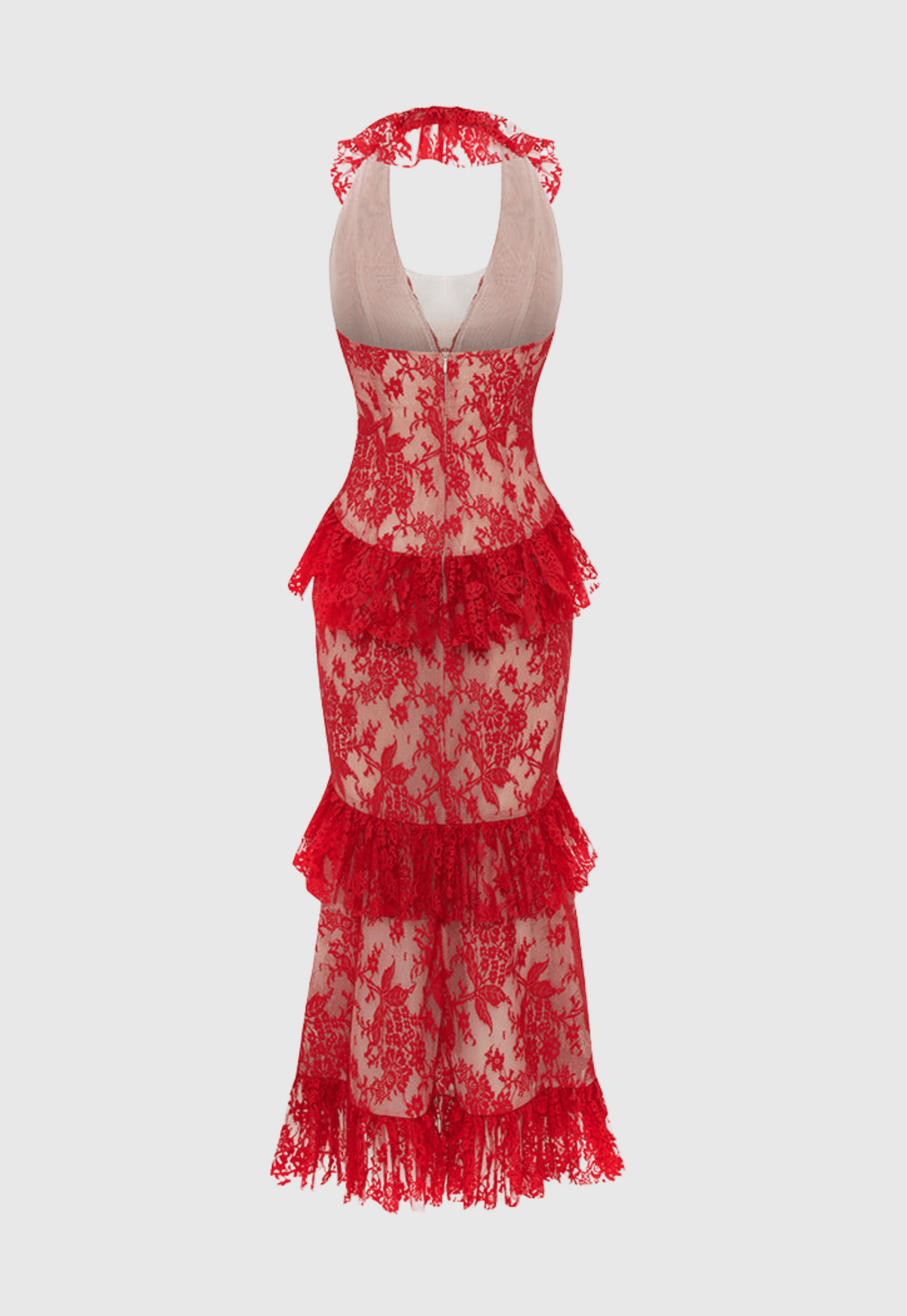 caitlin Lace Halter Ruffle Midi Dress in red Flowering Girl