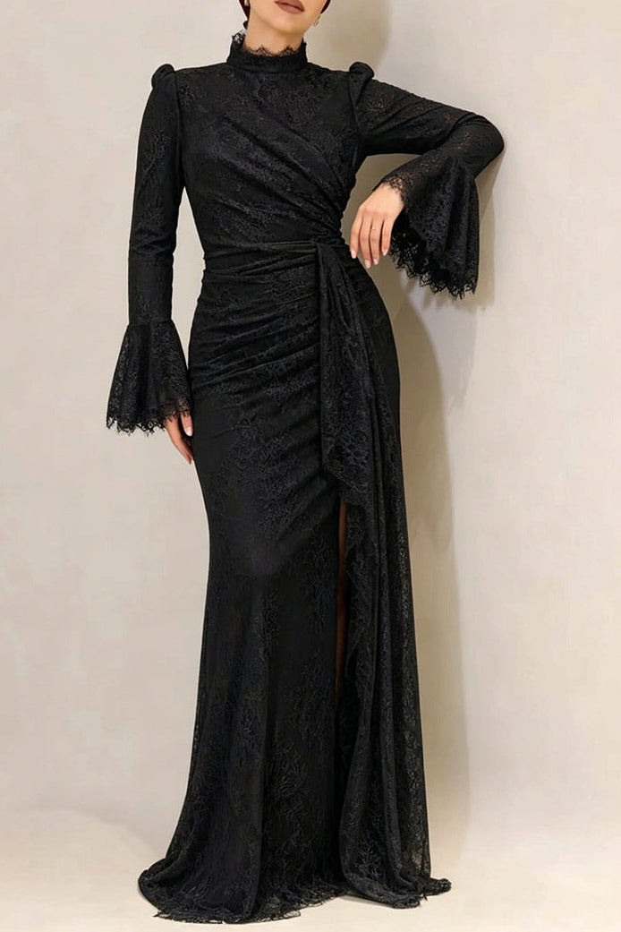 Victoria Long Lantern Sleevelace-Trim Maxi Dress - Black Flowering Girl