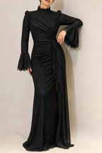 Victoria Long Lantern Sleevelace-Trim Maxi Dress - Black Flowering Girl