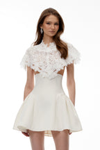 Mandana White Lace Mini Dress With Cape Flowering Girl