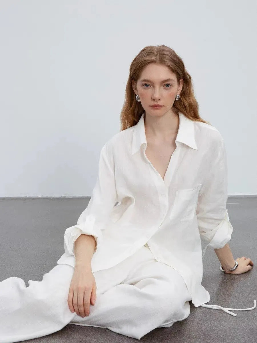 White V-Neck Linen Long-Sleeved Shirt Flowering Girl