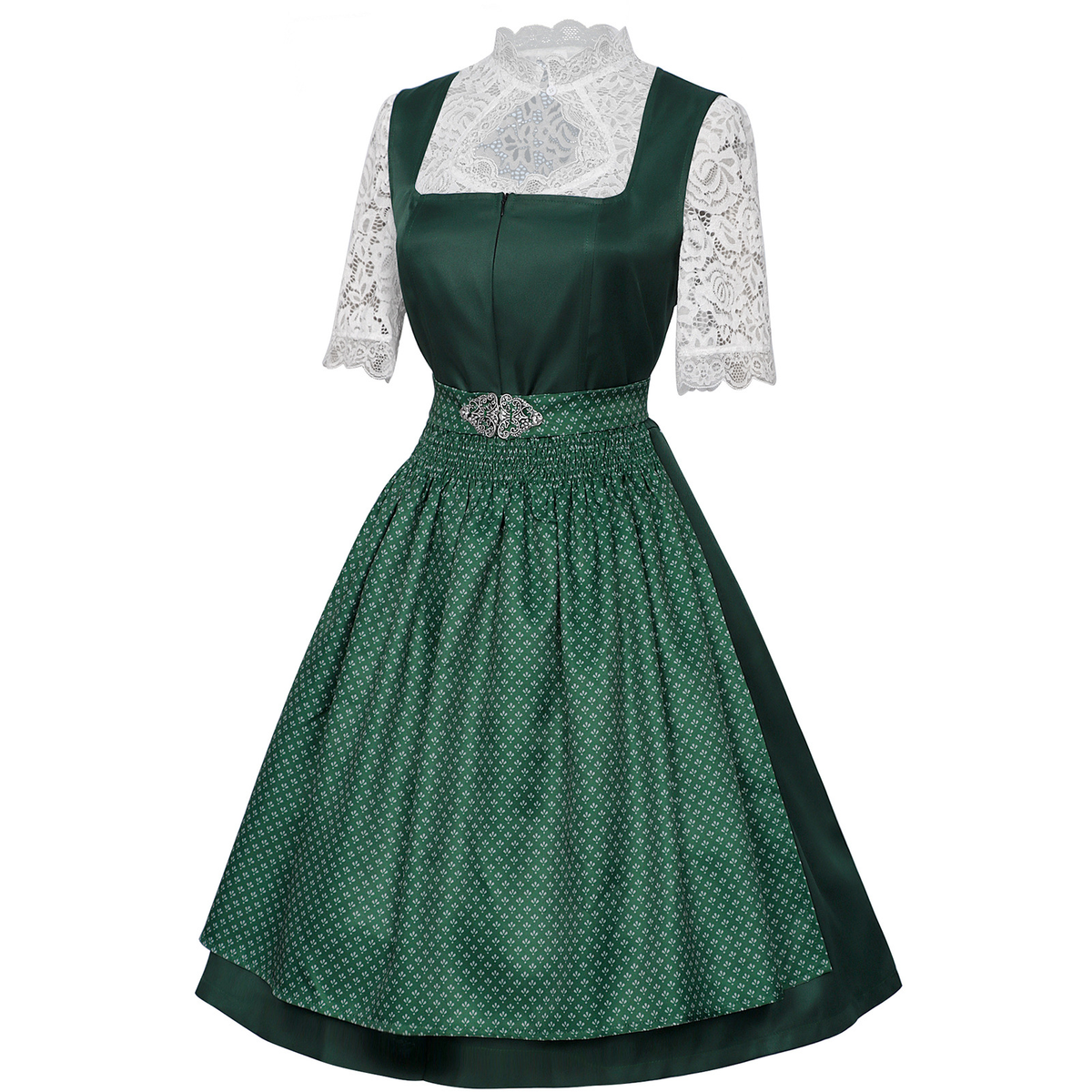 Dark Green Satin-Finish Polyester Or Silk Blend Fit-And-Flare Dirndl Set Flowering Girl