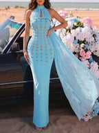 Masood Blue Halter Diamante Bandage Maxi Dress Flowering Girl