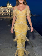 Crystal Tassel Maxi Dress Mustard Flowering Girl