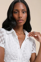 Truly Pristine White Mesh Floral Ruched Button-Up Mini Dress Flowering Girl