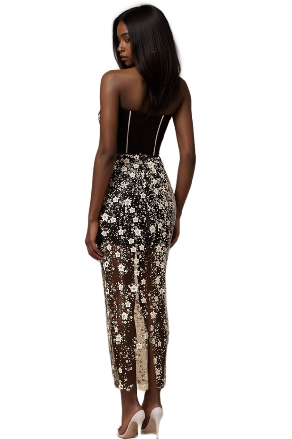 Ophélie Black Sequined Flower Corset Midi Dress Flowering Girl