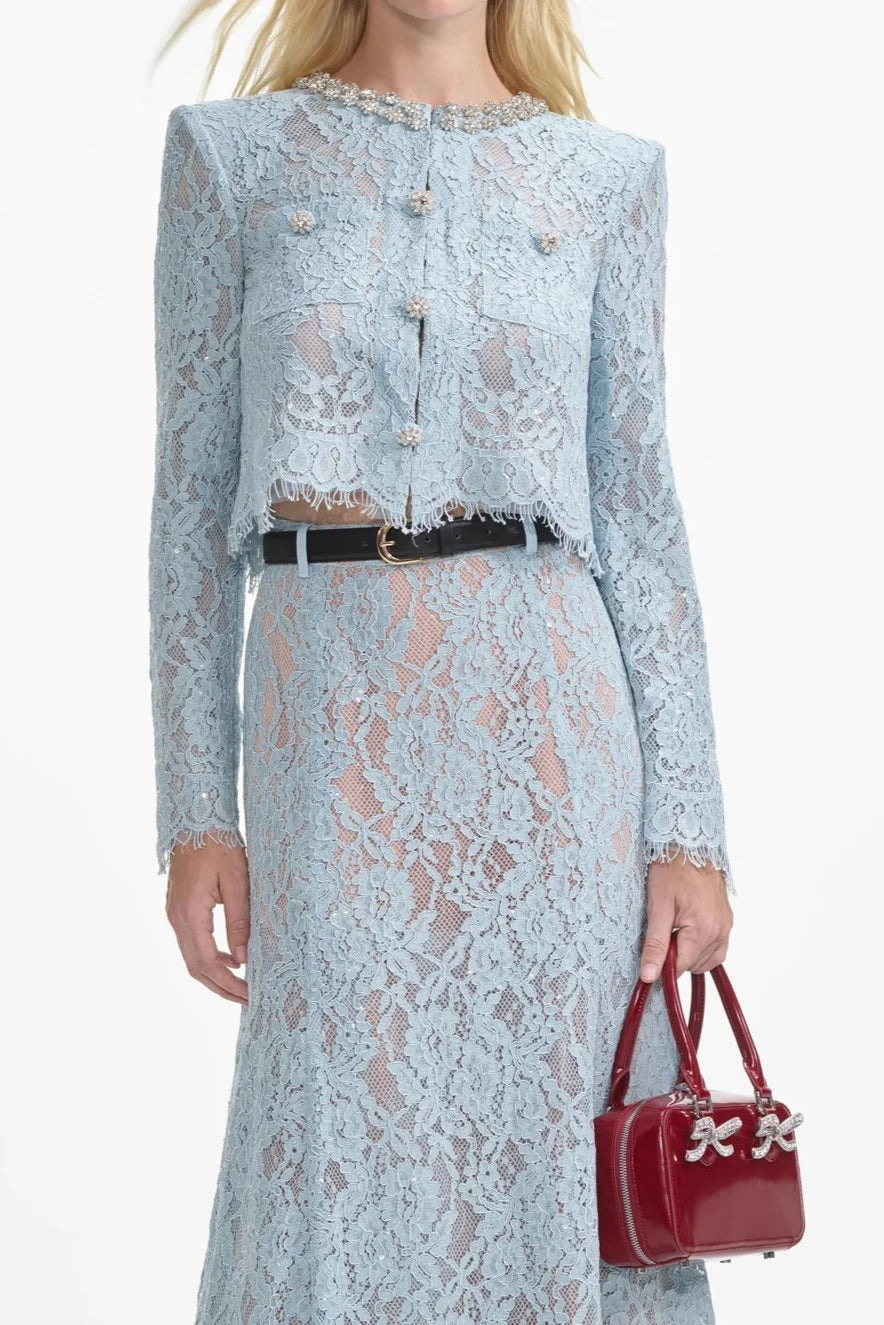 carol lace embellished top & midi skirt in blue Flowering Girl