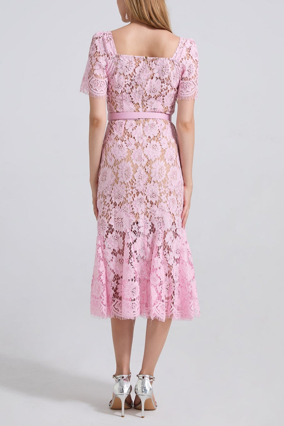 SQUARE NECK LACE MIDI DRESS IN PINK Flowering Girl