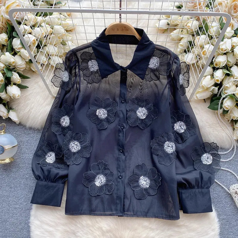 Beaded Sequined 3D Floral Sheer Mesh Shirt Flowering Girl