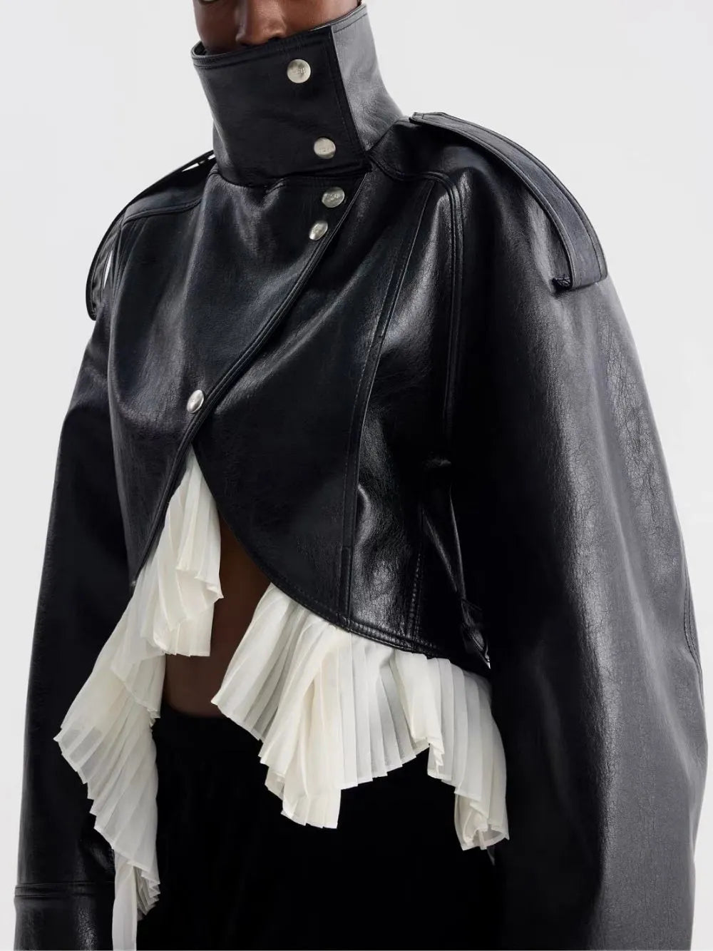 Maysa Black PU Leather Ruffle Jacket Flowering Girl