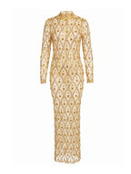 Long Sleeve Embellished Sequin Mesh Maxi Dress Yellow Flowering Girl