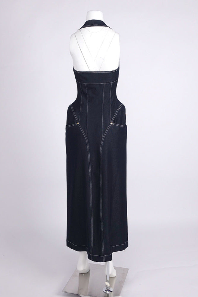 Haltered Corseted Midi Dress Denim In Navy Blue Flowering Girl