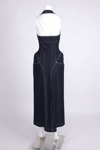 Haltered Corseted Midi Dress Denim In Navy Blue Flowering Girl