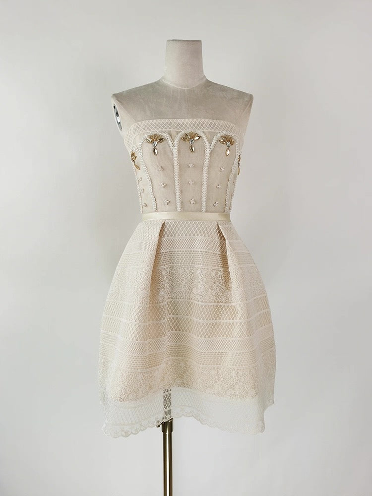 Teresa Beige A-Line Straight Across Neck Lace Mini Dress Flowering Girl