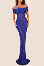 Riva Feather Embellished Hollowed Sequin Bodycon Maxi Dress In Blue Flowering Girl