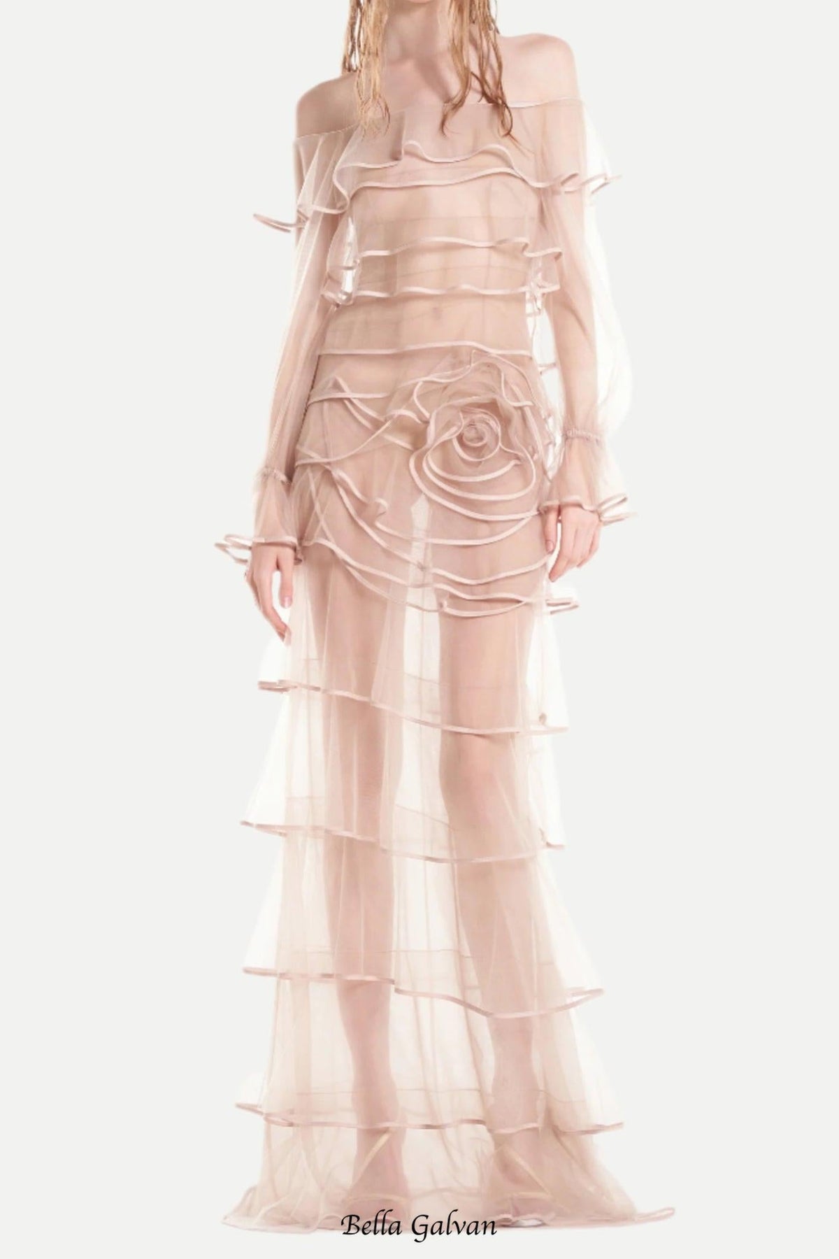 eudora floral inspired ruffle layer tulle gown in nude Flowering Girl