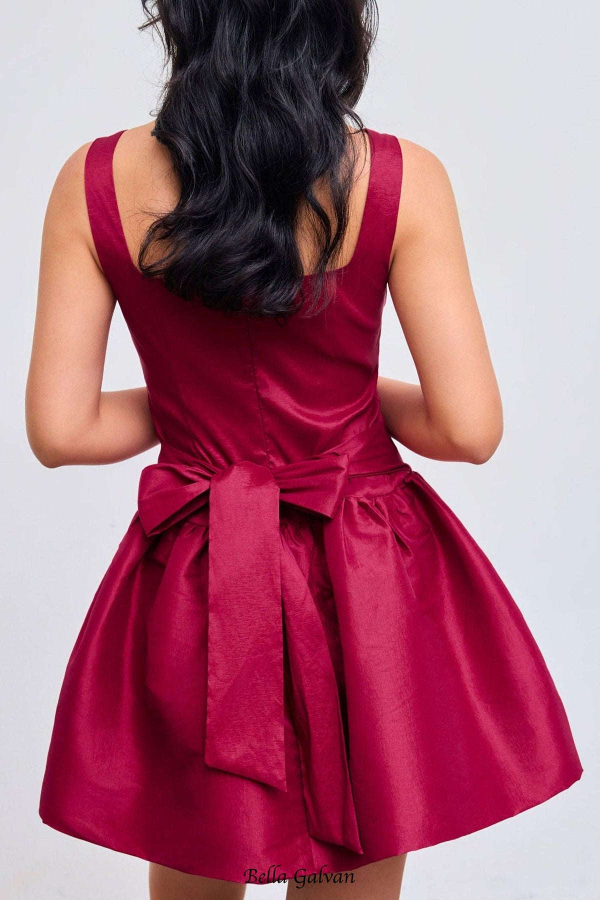 Square Neck Bowknot Zipper Mini Dress in red Flowering Girl