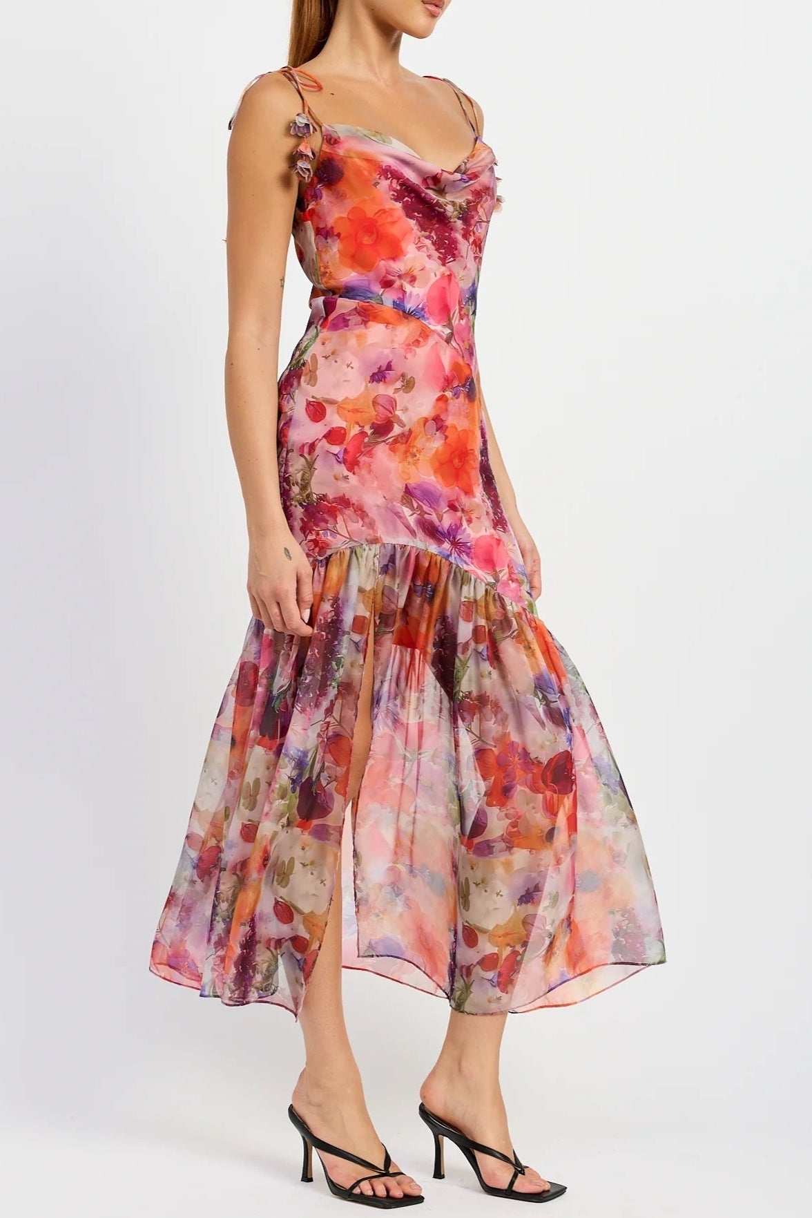 Red Multi Floral Tie Strap Midi Dress Flowering Girl