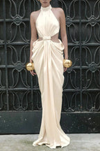 Stephanie Cutout Waist Halter Maxi Dress In Beige Flowering Girl