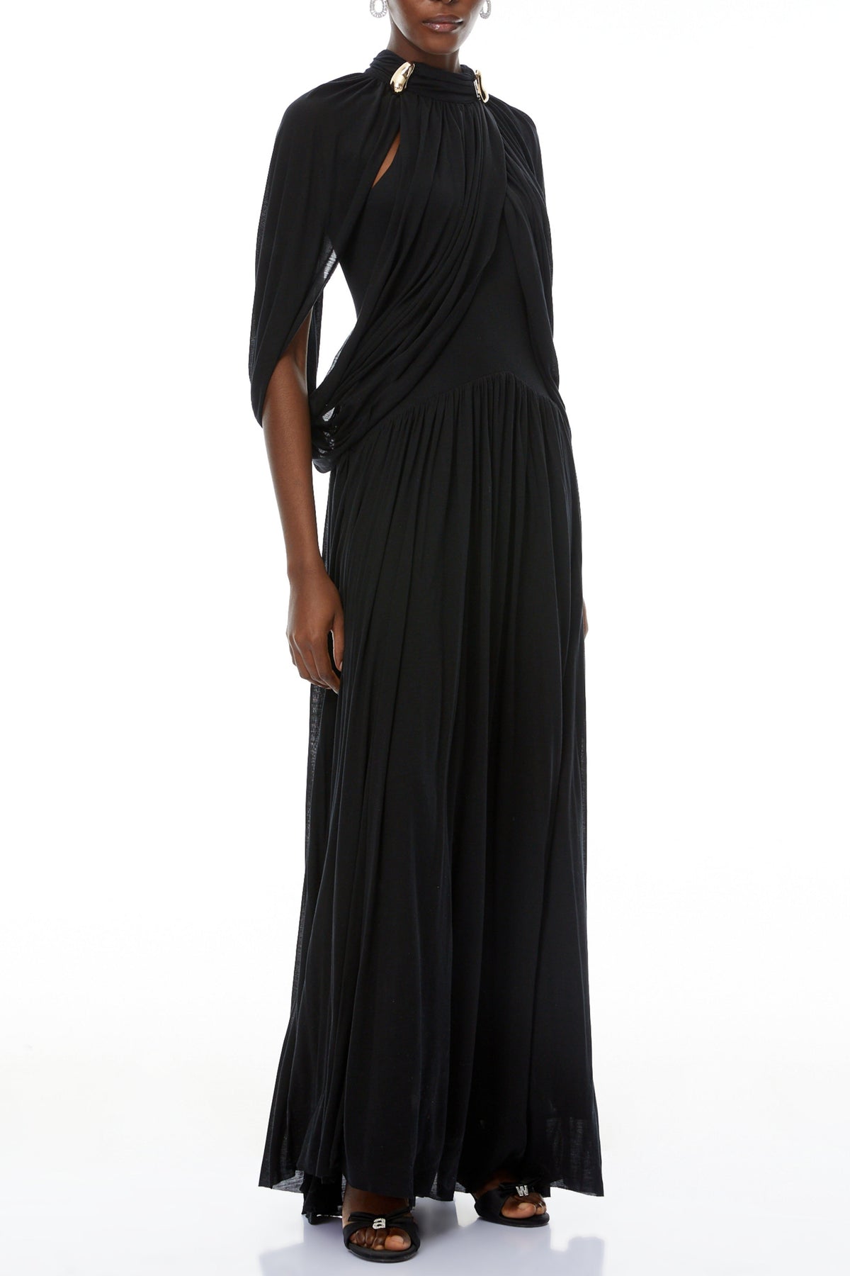 Leona Black Draped Cape Sleeve Knit Maxi Dress Flowering Girl