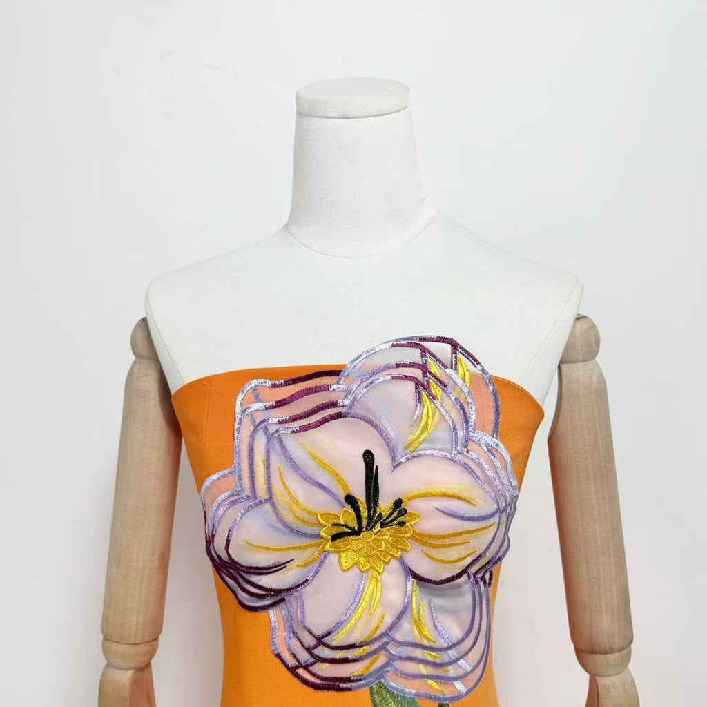Suzanne Appliqué Floral Bustier Maxi Dress In Orange Flowering Girl