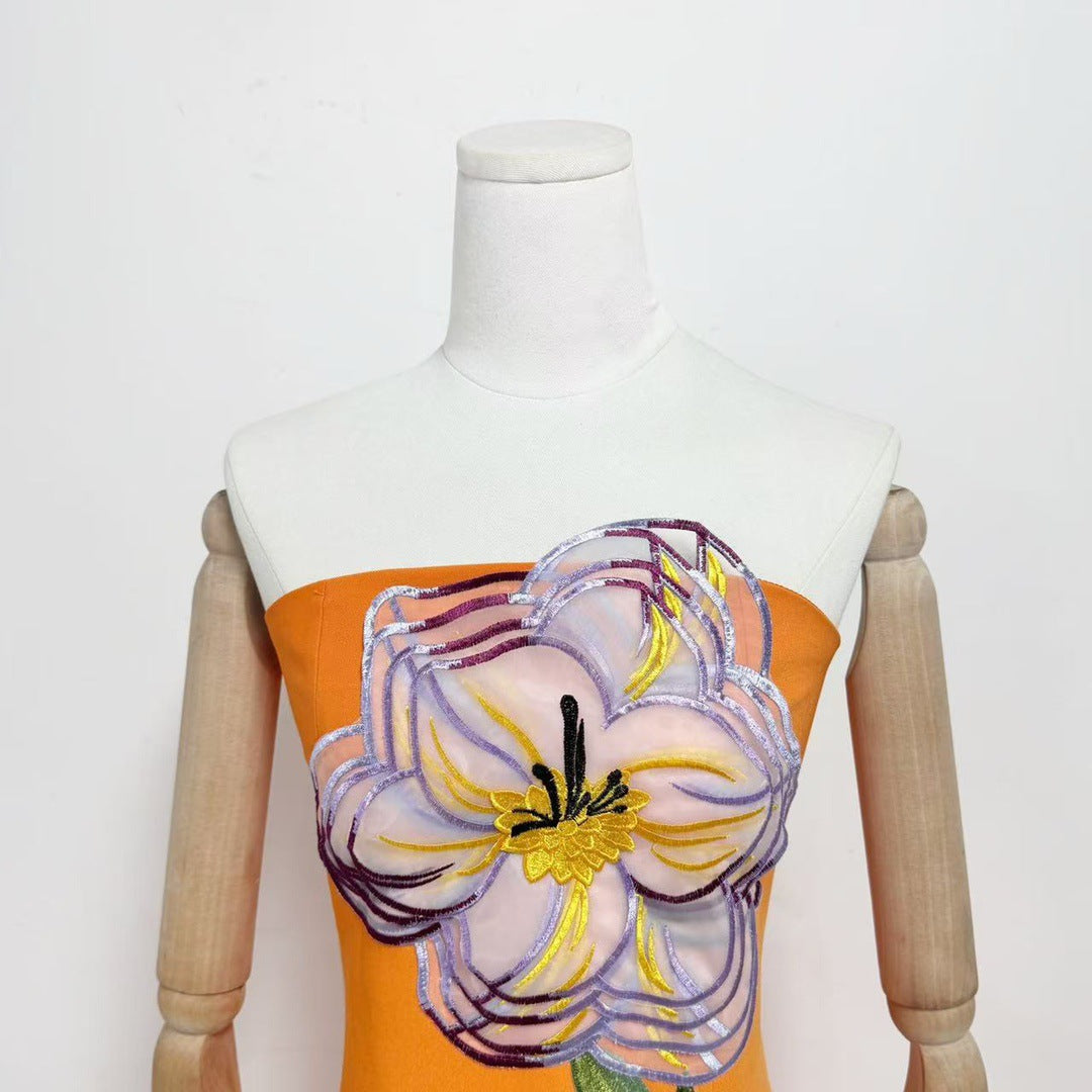 Suzanne Appliqué Floral Bustier Maxi Dress In Orange Flowering Girl
