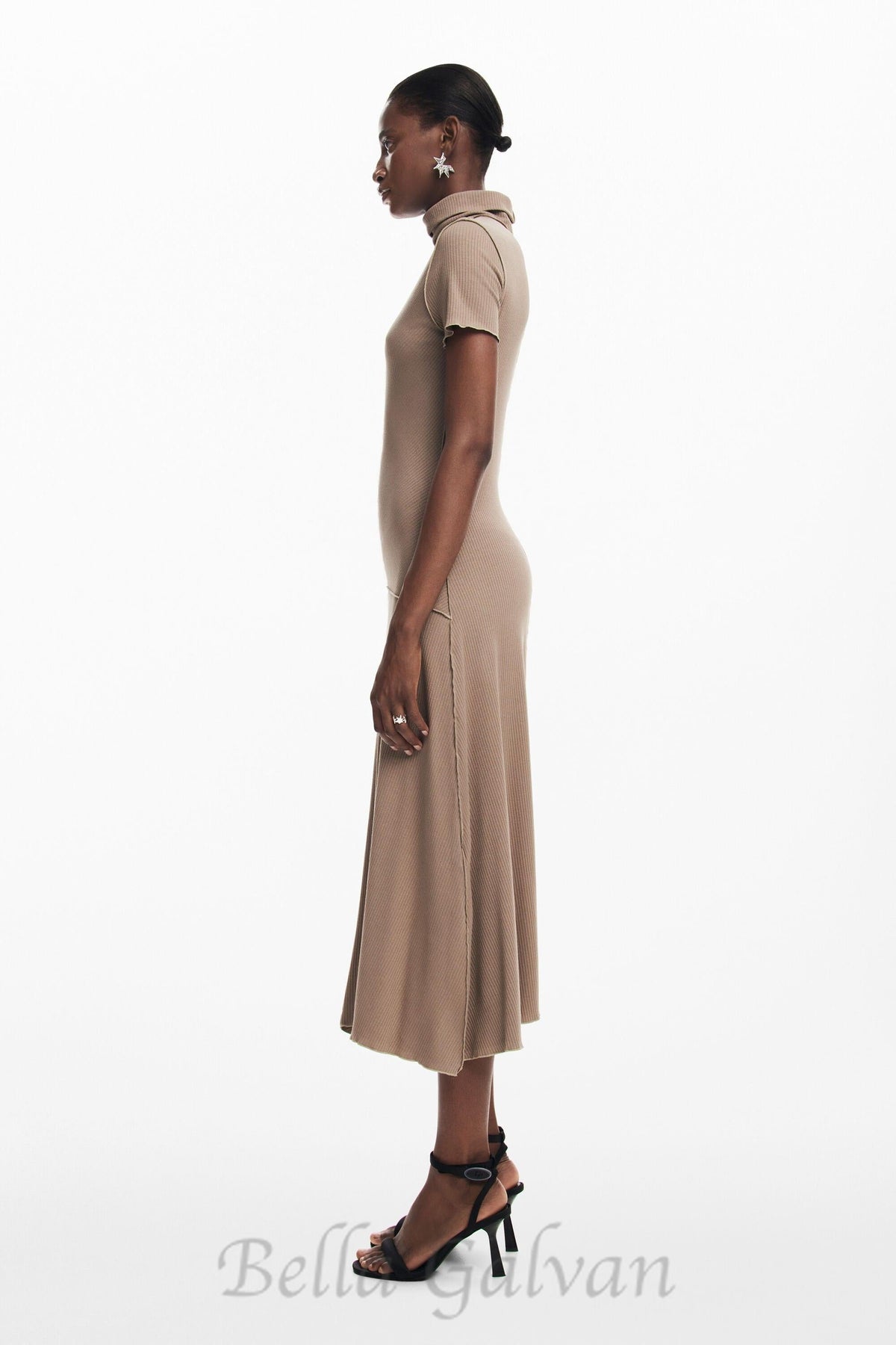 camel bodycon midi dress with high neck Flowering Girl