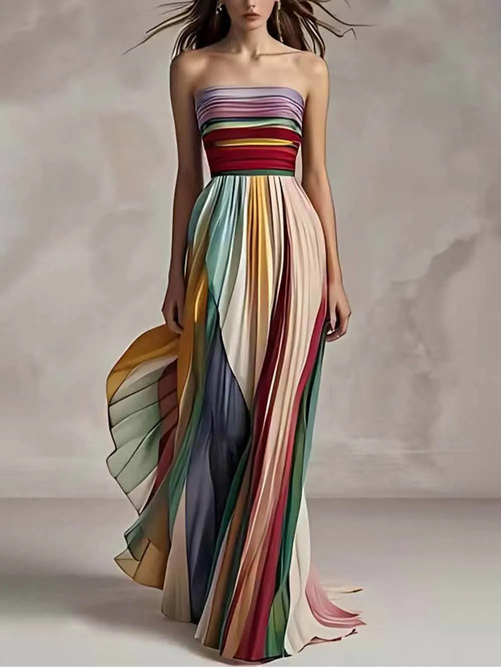Elegant Striped Printed Off-shoulder Pleated Bandeau Maxi Dress Flowering Girl
