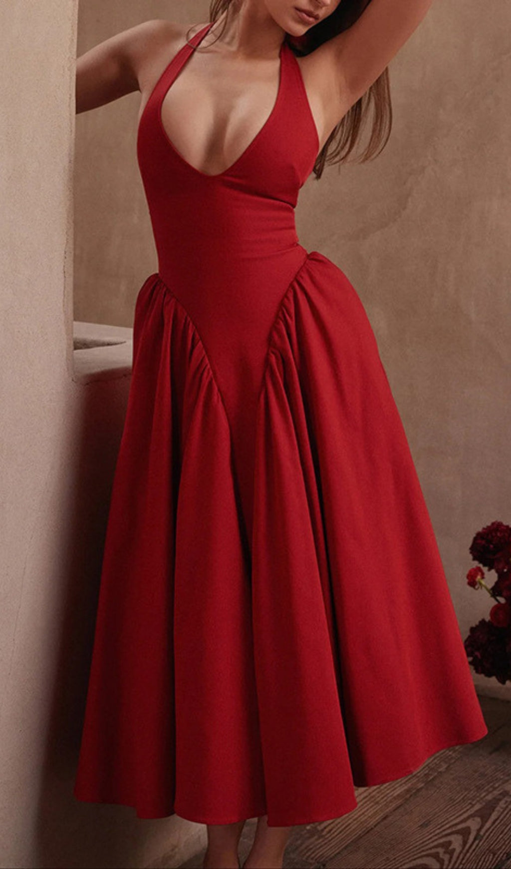 Dierdra Red Halter Midi Dress Flowering Girl