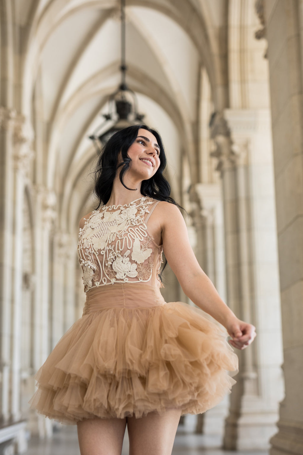 Ballerina | Beige Tulle Mini Dress With 3D Applique Flowering Girl
